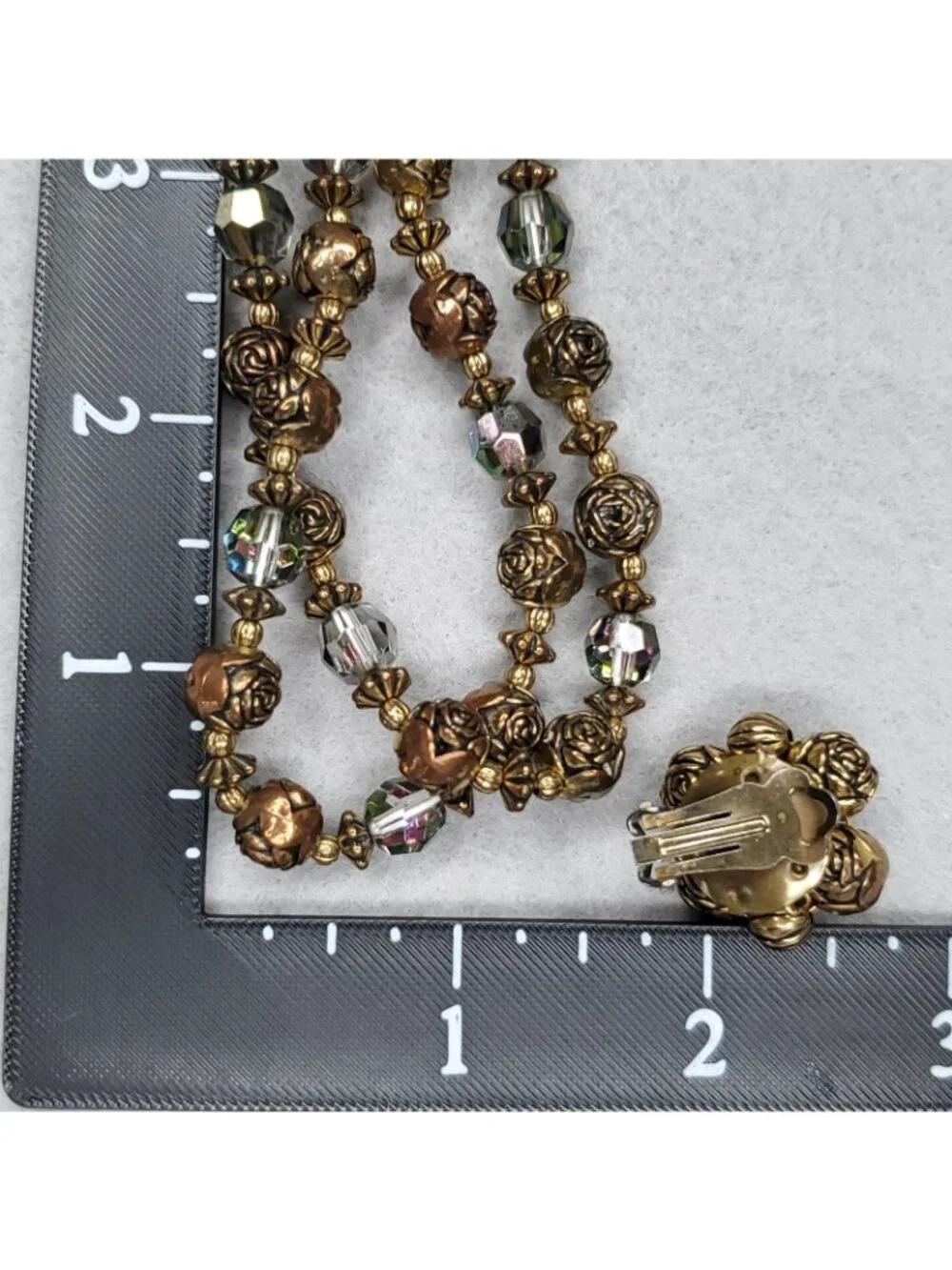 Vintage Beaded Necklace Clip On Earring Set Copper Gold Tone Rosebud 21